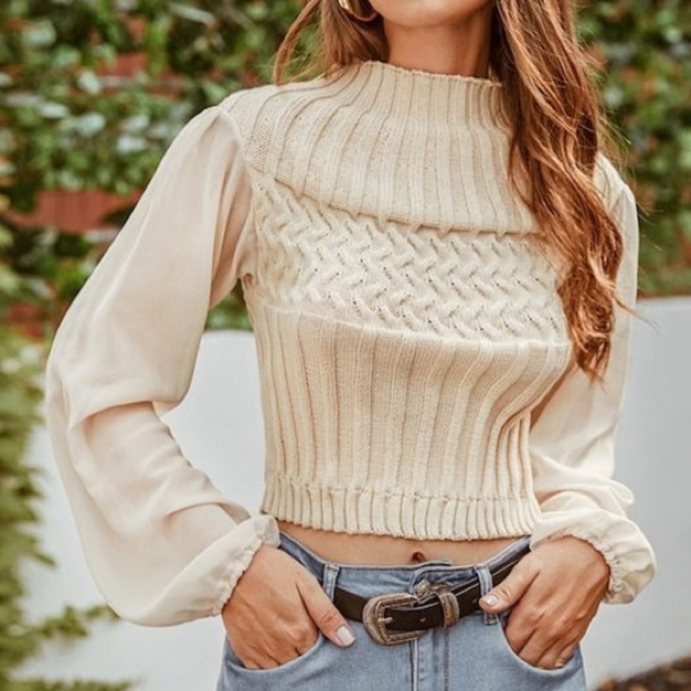 Mock-neck Mixed Knit Cropped Sweater With Chiffon Puff Sleeves
